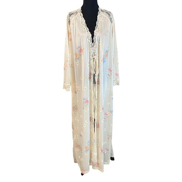 Vintage Gilead Floral Lace Nylon Robe Medium 70s Peignoir Cottagecore Nightgown - Picture 2 of 11